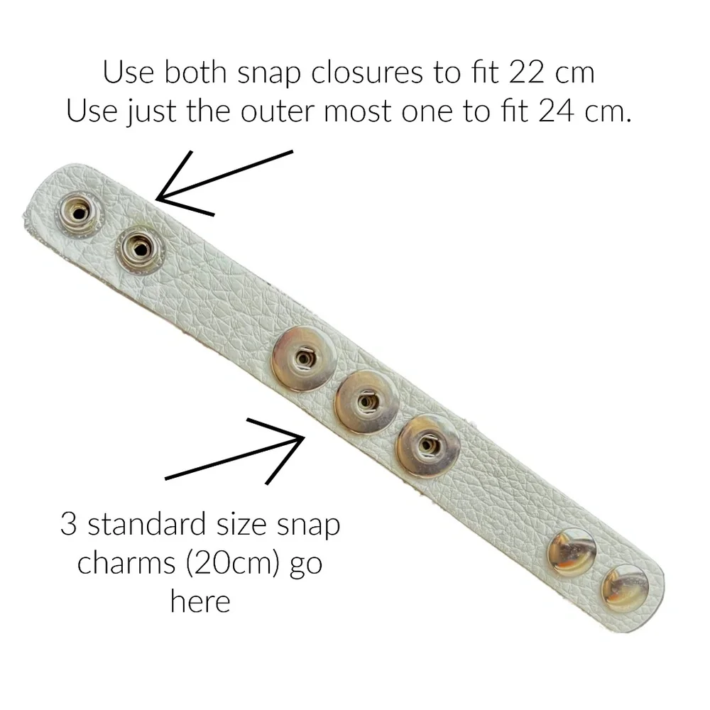 Snap Charm Bracelet 22 cm White Leather Includes 3 Snaps Shown - Picture 2 of 2